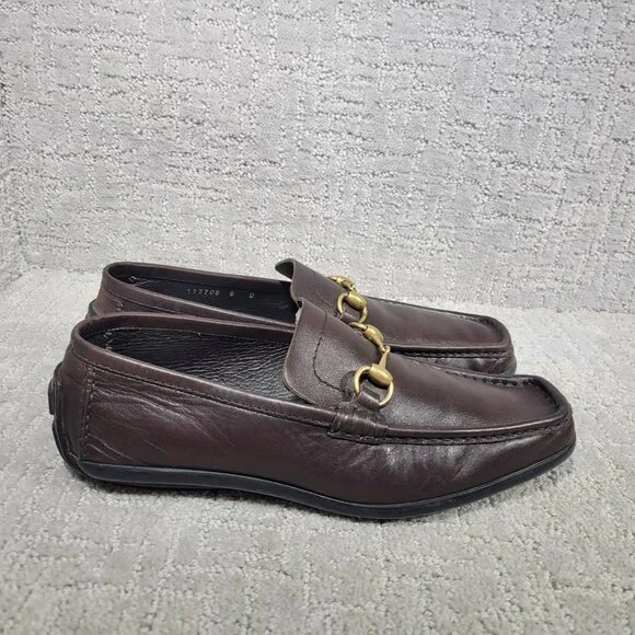 Gucci 101133 Mens Size US 8D Dark Brown Leather Gold Horsebit Driving Loafers - Picture 8 of 13